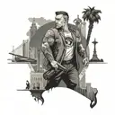 A bodyguard character traveling through iconic locations of Los Angeles, Paris, and Chile tattoo design idea