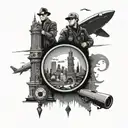 A bodyguard character traveling through iconic locations of Los Angeles, Paris, and Chile tattoo design idea