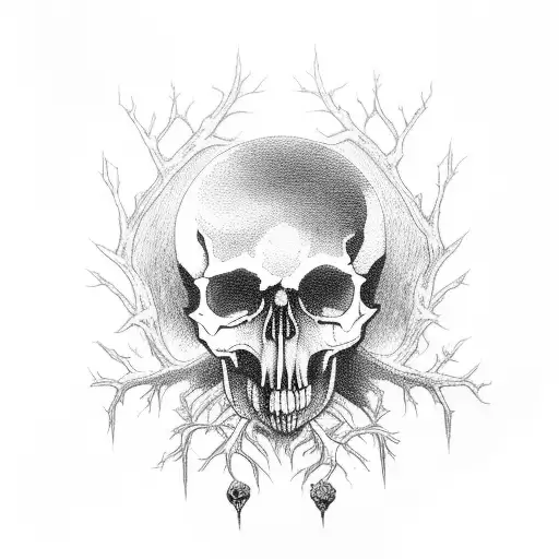A hauntingly beautiful night scene of a gothic forest, with a moonlit skull emerging from the darkness. tattoo design idea