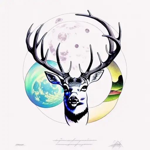 Deer, Forest, Moon, Aurora borealis tattoo design idea