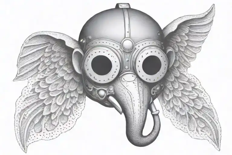A welder's mask adorned with elephant and owl motifs in dotwork style tattoo design idea