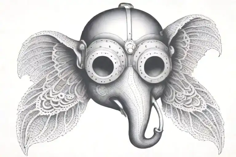 A welder's mask adorned with elephant and owl motifs in dotwork style tattoo design idea