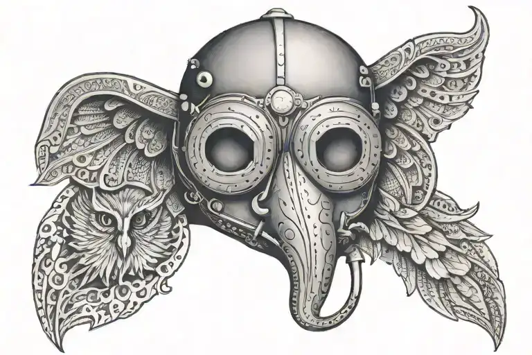 A welder's mask adorned with elephant and owl motifs in dotwork style tattoo design idea