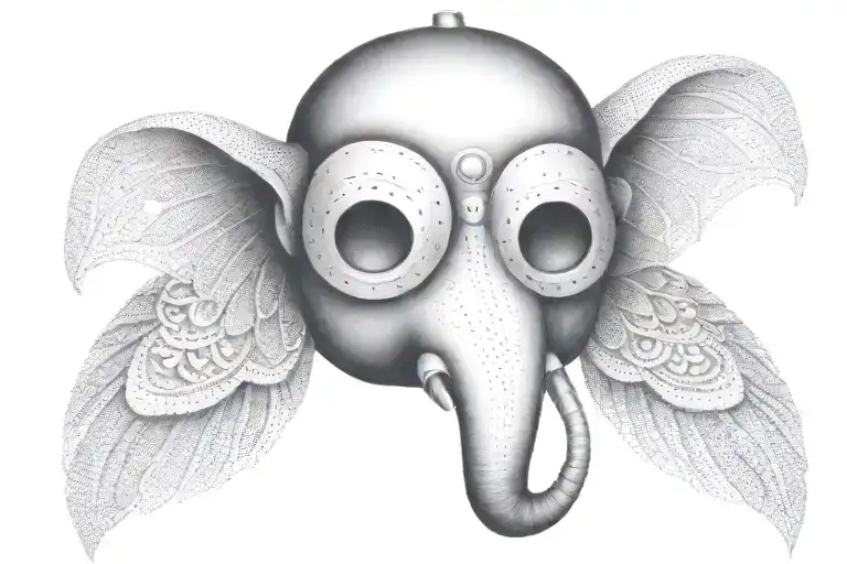 A welder's mask adorned with elephant and owl motifs in dotwork style tattoo design idea