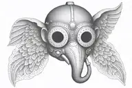 A welder's mask adorned with elephant and owl motifs in dotwork style tattoo design idea