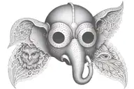 A welder's mask adorned with elephant and owl motifs in dotwork style tattoo design idea
