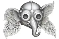 A welder's mask adorned with elephant and owl motifs in dotwork style tattoo design idea