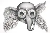 A welder's mask adorned with elephant and owl motifs in dotwork style tattoo design idea