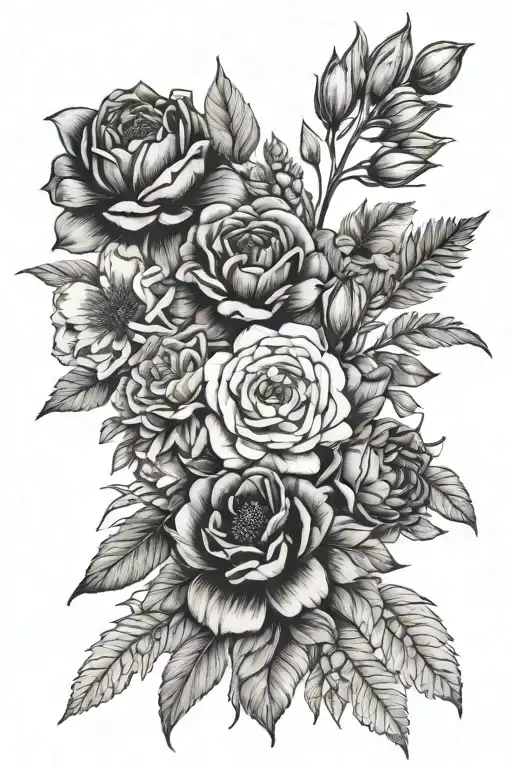 January, February, March, April, May, September, October and November birth flower bouquet  tattoo design idea