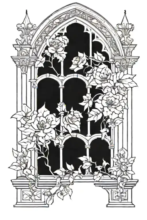 gothic cathedral window high arches with floral tattoo design idea