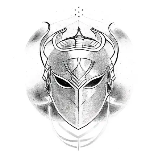 A dotwork tattoo of Loki's helmet merged with a Japanese torii gate tattoo design idea