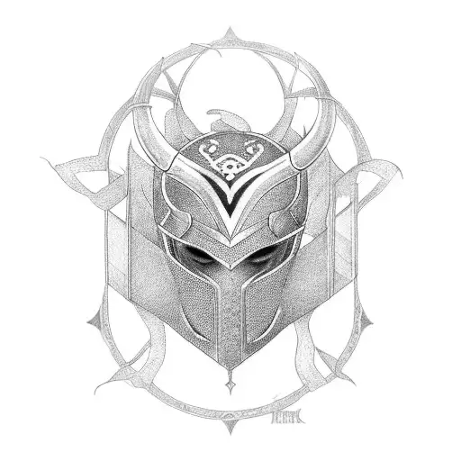 A dotwork tattoo of Loki's helmet merged with a Japanese torii gate tattoo design idea