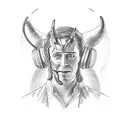 A detailed portrait of Loki wearing headphones and holding a vinyl record tattoo design idea