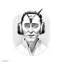 A detailed portrait of Loki wearing headphones and holding a vinyl record tattoo design idea