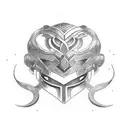 A dotwork tattoo of Loki's helmet merged with a Japanese torii gate tattoo design idea