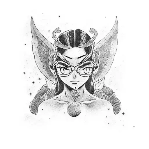 A tattoo of Nico Robin from One Piece surrounded by a cosmic background in blackwork style tattoo design idea