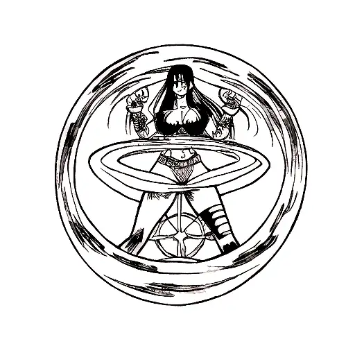 A tattoo of Nico Robin from One Piece surrounded by a cosmic background in blackwork style tattoo design idea