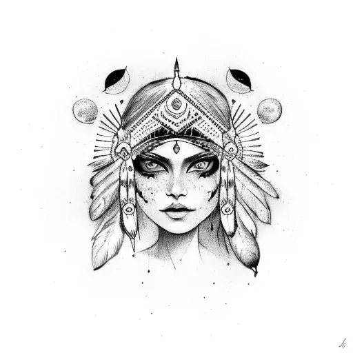 Woman with indian headdress with three moons on face and blue eyes tattoo design idea