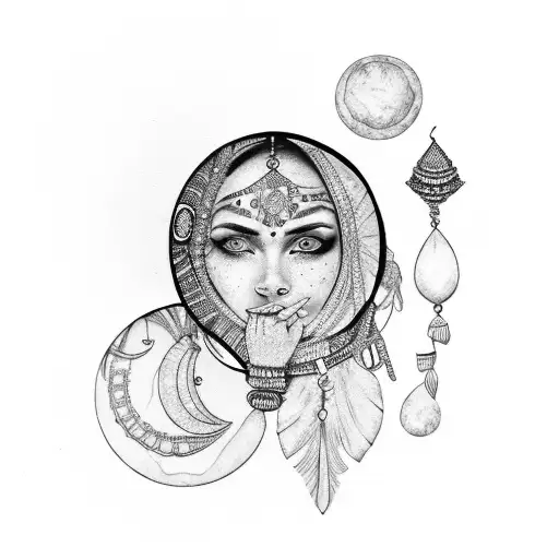 Woman with indian jewelry with three moons on face and blue eyes tattoo design idea