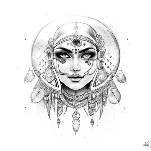 Woman with indian jewelry with three moons on face and blue eyes tattoo design idea