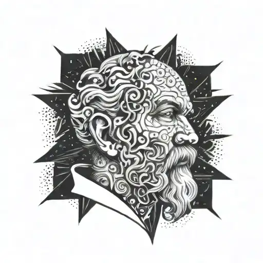 A dotwork design of a philosopher deep in thought, with the elements of fire and earth subtly incorporated into the background tattoo design idea