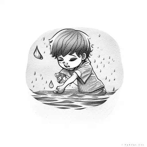 a little boy drowning a puddle of a his own tears tattoo design idea