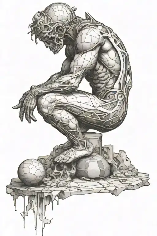 "Create a dotwork tattoo of Atlas kneeling with a sphere on his shoulders. The sphere is divided into a human skull on o tattoo design idea