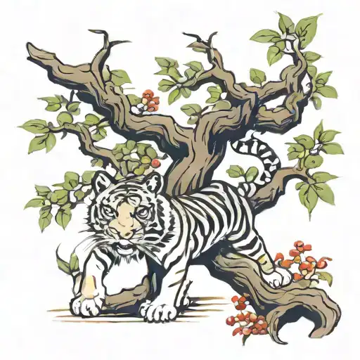 fully body tiger under a money tree branch tattoo design idea