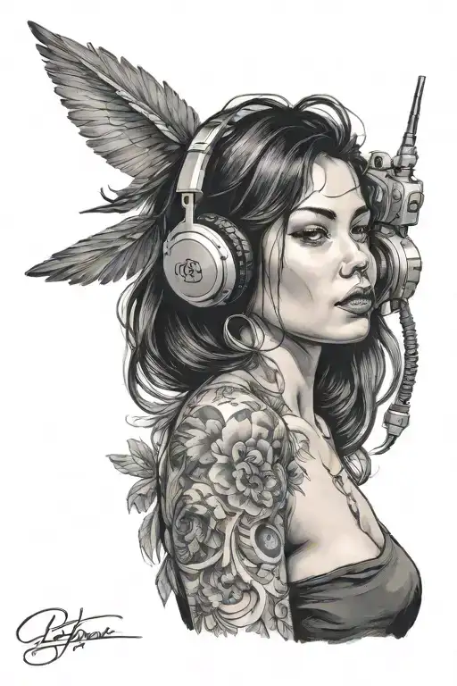 lady with log black hair with a cell phone and ear phones   tattoo design idea