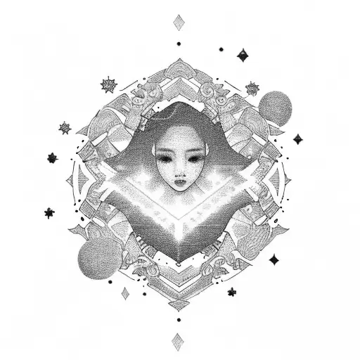 A dotwork tattoo of the Blackpink members as celestial beings surrounded by constellations tattoo design idea