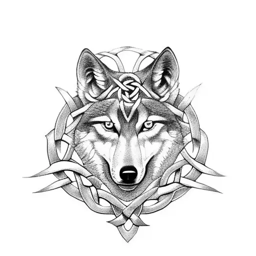 A Celtic knotwork design featuring a stack of books and a wolf's head tattoo design idea