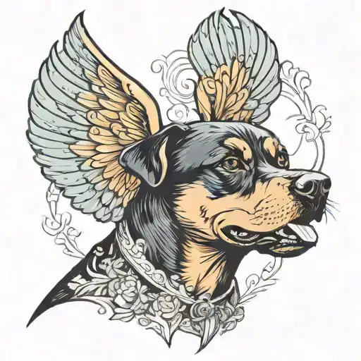 mongrel rottweiler pinscher adult girl with wings and smiling tattoo design idea