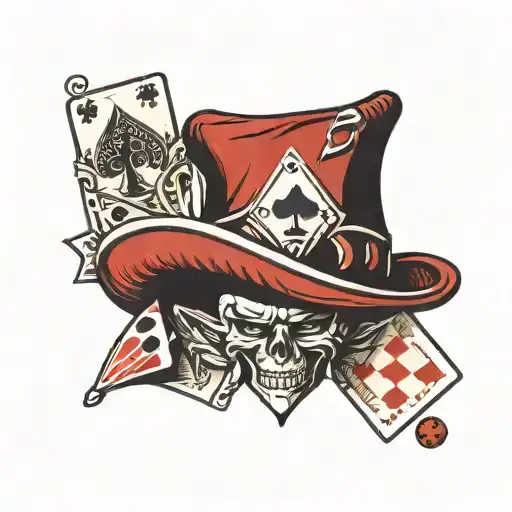stylized image of a jester's hat, adorned with playing cards, dice, or other symbols of chance and fate tattoo design idea