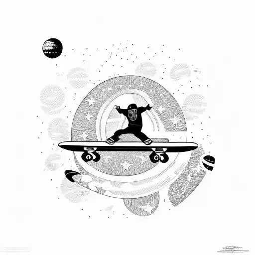 A skateboarder doing tricks on a space-themed skatepark floating in zero gravity tattoo design idea
