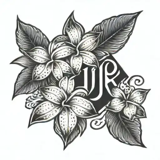 A Polynesian tribal design with hidden initials J, K, and K among the intricate patterns, complemented by Plumeria flowers tattoo design idea
