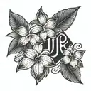 A Polynesian tribal design with hidden initials J, K, and K among the intricate patterns, complemented by Plumeria flowers tattoo design idea