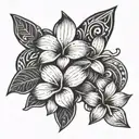 A Polynesian tribal design with hidden initials J, K, and K among the intricate patterns, complemented by Plumeria flowers tattoo design idea