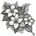 A Polynesian tribal design with hidden initials J, K, and K among the intricate patterns, complemented by Plumeria flowers tattoo design idea