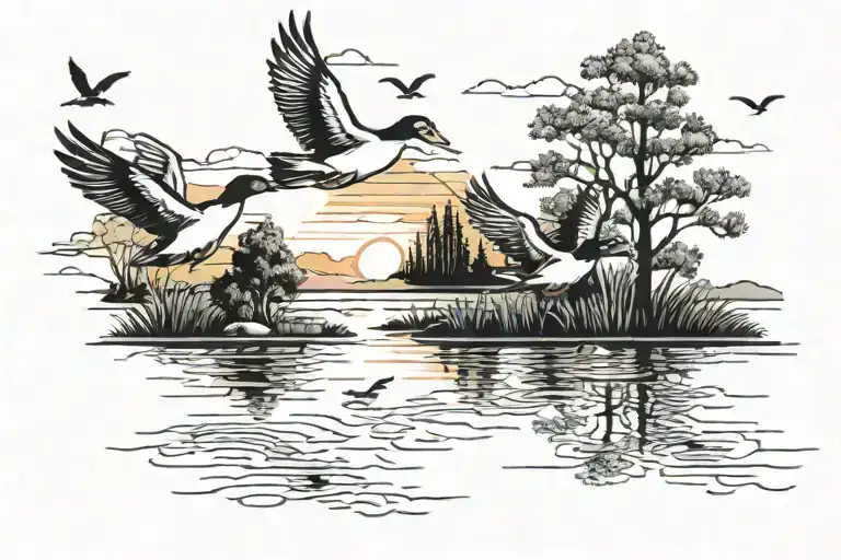 ducks flying over pond with a few trees sunset black and white tattoo design idea
