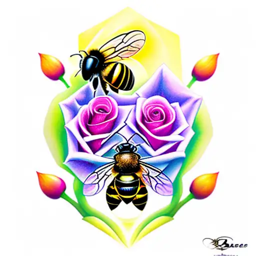 2 bees and rose tattoo design idea