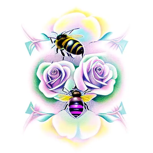 2 bees and rose tattoo design idea