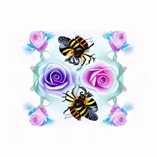 2 bees and rose tattoo design idea