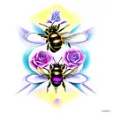2 bees and rose tattoo design idea