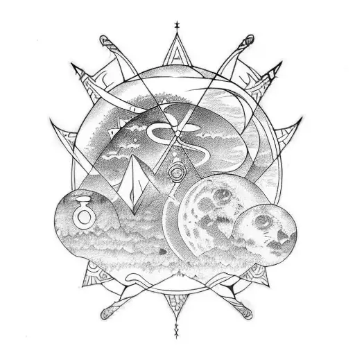 Straight line including the symbols for the moon, magic, pisces and love tattoo design idea