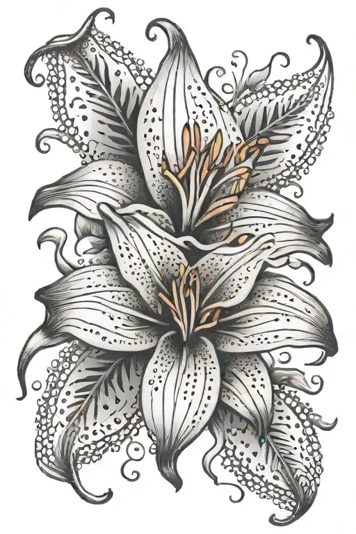 Tiger lily flower dot work tattoo Yahweh written tattoo design idea