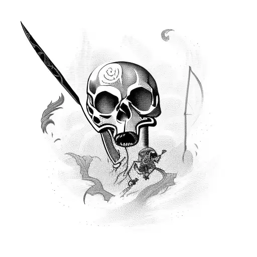 Fighting scene with a skull-headed warrior holding a scythe tattoo design idea