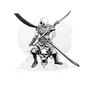 Fighting scene with a skull-headed warrior holding a scythe tattoo design idea