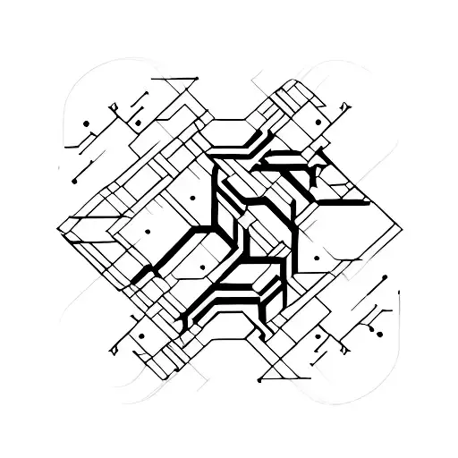 A minimalist representation of a computer code seamlessly merging with intricate woodwork patterns tattoo design idea