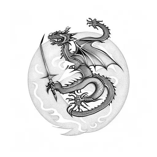 dragon fire wrapped around sword tattoo design idea