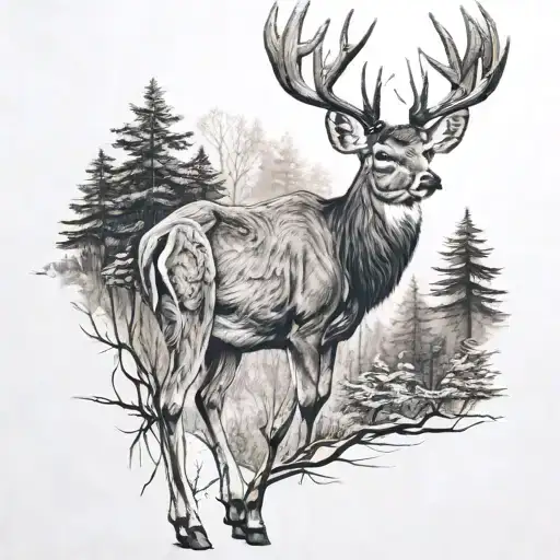 realistic deer in a forest tattoo design idea